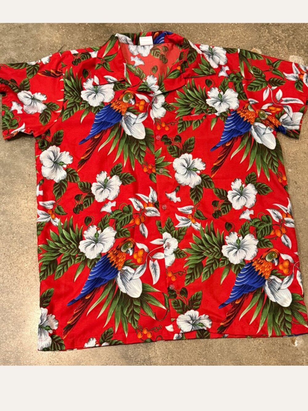 King Kameha Hawaiian Shirt L Red Parrot Hibiscus Aloha Button Up